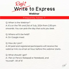 Here are the answers to some frequently asked questions about the 'Write to Express' webinar. You can find details on dates, platform, and what you need to bring, which is simply your whole self.