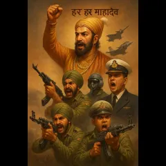 A powerful digital composition titled "Har Har Mahadev". This artwork connects the legacy of Chhatrapati Shivaji Maharaj with the bravery of the modern Indian armed forces, showing an unbroken line of courage.