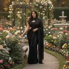 Posing in a beautiful garden, this black saree looks effortlessly elegant. It's a versatile piece for any formal occasion.