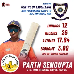 A proud moment for the academy. Parth Sengupta's selection for the NCA High Performance Camp is a testament to his hard work and our focus on all-round development. With 26 wickets and solid batting performances, he has shown that a strong foundation in technique is the key to success.