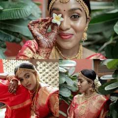 A collage of a beautiful South Indian bride in her red wedding saree. The shots capture her playful personality, her intricate jewelry, and her radiant smile.