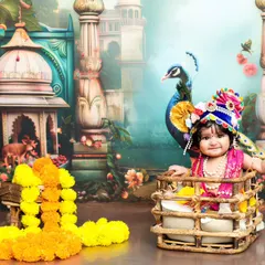 This wide shot showcases the entire beautiful Janmashtami setup, with our little Krishna as the divine centerpiece.