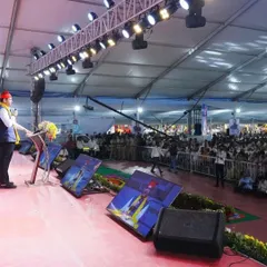 A view of the main stage during the Koli Bhavan event. I provide sturdy, elevated stages suitable for VIPs, speakers, and performers, complete with professional lighting trusses to ensure everyone has a clear view.