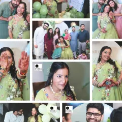 A collage showcasing the key moments of a baby shower, from couple portraits and family groups to the mother-to-be showing off her henna.