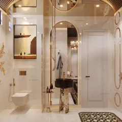 This opulent bathroom and dressing area features a freestanding pedestal sink, gold-trimmed mirrors and wall panels, and a unique patterned floor rug, creating a space of pure luxury.