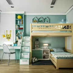 This kids' room features a bunk bed with a built-in staircase that doubles as drawers. The design also includes a dedicated study desk and shelving, making it a complete solution for a child's bedroom.