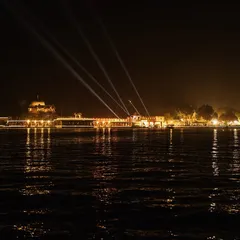 A view of the entire Jagmandir island lit up for a wedding celebration. My team and I coordinate complex lighting and technical setups to make the entire venue glow.