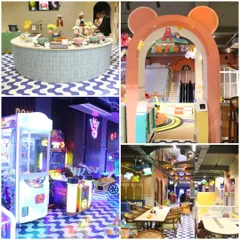 A look inside our vibrant play zone. This collage shows our cafe area, the entrance to the play structure, arcade games, and the food counter.