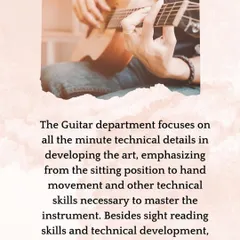 The guitar program focuses on all technical details, from sitting posture to hand movements. We also develop sight reading, improvisation, and accompaniment skills for a well-rounded musical education.