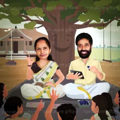 A heartwarming retirement gift for two beloved teachers from their students. The caricature depicts them under a tree, teaching children, celebrating their long and impactful careers.