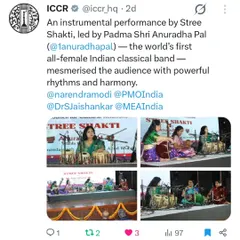 I am incredibly proud of my band, Stree Shakti, the world's first all-female Indian classical ensemble. Here is a post from the Indian Council for Cultural Relations (ICCR) recognizing our performance for their 75th foundation day, a moment that celebrated both our cultural heritage and the power of women in music.