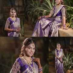 A collection of solo portraits of the bride in her shimmering purple silk saree. These photos capture her grace and the beauty of her traditional Maharashtrian engagement look.