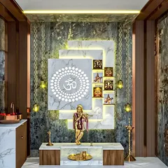 This elegant pooja unit uses a combination of marble, wood, and backlit panels to create a serene space. The hanging lamps and intricate Om carving add a traditional touch to the modern design.