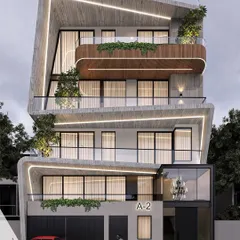 This residential elevation proposal for Meera Bagh features sweeping concrete forms and a curved wooden balcony. We designed the structure with integrated planters and subtle lighting to soften the bold lines and create a harmonious balance.