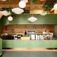 A design concept for a new patisserie in Goa. We aimed to celebrate the building's Art Deco history while creating a fresh, modern identity, using curved forms and a palette of green and brass.
