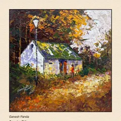 'Country Side' by Ganesh Panda, a charming palette-knife painting of a rustic house, its thick textures and warm colors evoking a sense of nostalgia.