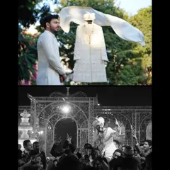 A creative black and white collage of the groom. It includes a unique shot of his sherwani and captures the high energy of his baraat celebration.