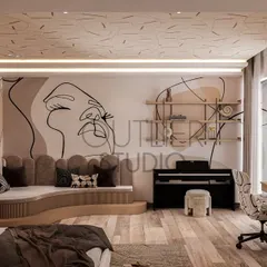 This view of the teenager's room shows the functional study area and piano space. The line-art wall mural adds a personal and artistic touch, making the room uniquely hers.