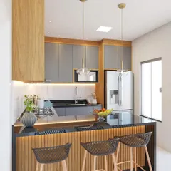 A full view of the U-shaped kitchen with a peninsula breakfast bar. This design is perfect for open-plan living, offering ample seating and workspace while maintaining a connection to the rest of the home.
