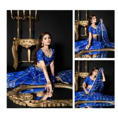 A published page from my ethnic wear editorial, featuring a model in a royal blue lehenga. The use of mirrors and props adds a layer of sophistication to the shoot.