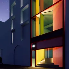 A conceptual design for an office building in Defence Colony, New Delhi. The facade uses colored glass fins to create a dynamic play of light and shadow, transforming the building into a vibrant urban landmark, especially after dusk.