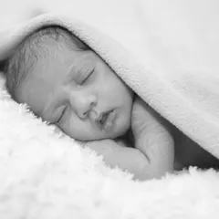 A simple and intimate black and white close-up of a newborn's face as they sleep under a soft blanket. This shot focuses on their tiny, perfect features.