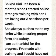 "She always pushes me to my limits while ensuring proper form and safety." This feedback from a client is what my coaching is all about. It's not just about the workout; it's about the support and guidance to help you succeed.