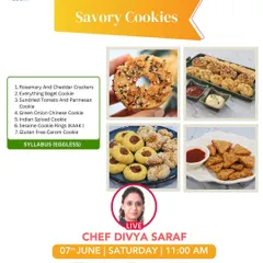 Explore the savory side of baking with my Savory Cookies workshop. I teach a range of eggless recipes, including Rosemary and Cheddar Crackers, Everything Bagel Cookies, and Gluten-Free Carom Cookies.