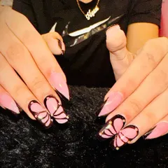 Let your nails take flight with this beautiful butterfly art. I hand-paint each wing with precision, adding tiny gold studs for a touch of glam. This design is perfect for a whimsical yet chic statement.