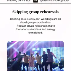 Wedding Dance Tip: Don't skip group rehearsals. Coordination is key for a seamless squad performance, and regular practice builds unmatched energy.