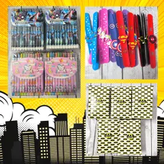 This image shows some of the items that can go into a superhero hamper, like themed rolling crayons, wristbands, and Batman-themed gift boxes.