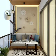 A cozy seating area on the balcony, with a wooden sofa and a feature wall. It's the perfect spot to enjoy your morning coffee or watch the sunset.