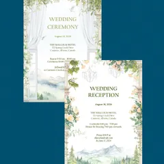 More from the Canmore wedding suite. The Wedding Ceremony card features an illustration of a window looking out onto the misty mountains, while the Reception card shows the grand peaks under a starry sky.