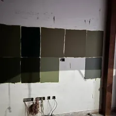Finding the perfect color is a process. This image shows the numerous paint samples we tested on the wall for the Jhansi project to get the exact shade of olive green. It's this attention to detail that makes a difference.