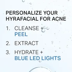 A personalized Hydrafacial for acne involves three key steps: a deep cleanse and peel, painless extraction, and hydration combined with bacteria-killing blue LED lights.
