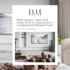 Our feature in Elle Decor, titled "Pattern Paradox," explores how we designed an intriguing story in a tri-generational Bengaluru home. The piece delves into our use of layered materiality and concealed storage to create order and warmth.