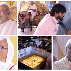 A collage from the Mahudi Tirth event, showing the revered spiritual leaders and a glimpse of my sand art and speed painting performances.