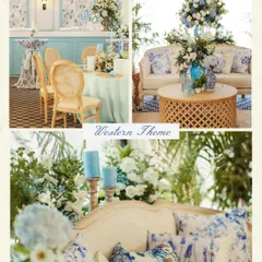 A "Western Theme" moodboard, featuring a sophisticated blue and white palette, chinoiserie patterns on cushions and fabrics, and elegant floral arrangements for a classic, refined look.