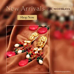 A graphic advertising our new arrivals, featuring a pair of stunning earrings with temple motifs and colorful bead drops.