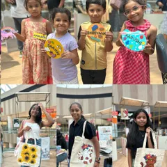 A collage showcasing the variety of art created at our public events, including beautifully painted tote bags and personalized nameplates.