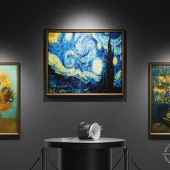 This image demonstrates the power of focused downlighting. A single spotlight perfectly illuminates the central artwork, making its colors pop while the surrounding pieces are softly lit, creating a clear focal point.