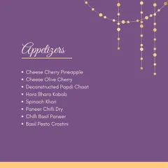 More appetizer options to get your party started. This list includes classics like Paneer Chilli Dry and Hara Bhara Kabab, alongside modern favorites like Basil Pesto Crostini.