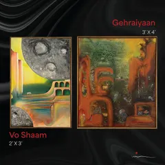 This is a diptych featuring two of my surreal paintings, 'Vo Shaam' and 'Gehraiyaan'. They explore themes of dreams, architecture, and the subconscious, using a mix of earthy and vibrant tones to create a sense of mystery and depth.