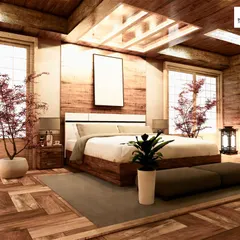 A Japanese-inspired bedroom design that uses natural wood textures on the floor, walls, and ceiling to create a warm and tranquil retreat. The low-profile bed and large windows enhance the feeling of serenity and connection to nature.