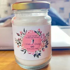 A detailed look at a custom label for a wedding return gift. I work with you to get the design just right, including fonts, graphics, and personal details to match your wedding theme perfectly.