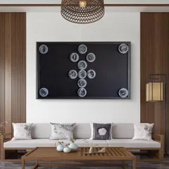 My art is made to transform a space and give it meaning. Here, the 'Ankh' from my Cutting Edge series brings a sense of life and history into a modern living room, blending ancient symbolism with minimalist design.