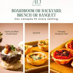Boardroom or backyard, brunch or banquet, my canapés fit every setting. This image showcases some of my popular vegetarian options: garlic stuffed mushrooms, mini quiches, and tangy tomato mustard tarts.