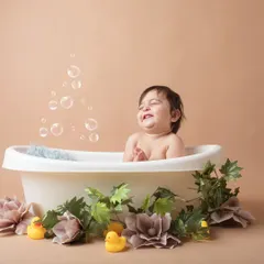 Pure joy in a bubble bath! This sitter session shot is all about capturing the simple, happy moments of babyhood.