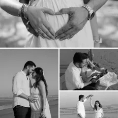 A collage of love in black and white. From the heart shape on the bump to a gentle dance by the sea, these are the timeless memories of their journey.