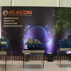 A dedicated product display area for the Elecon launch event. The branded backdrop and clean, modern pedestals ensure the new gearboxes are the heroes of the space, allowing for detailed viewing and photography.